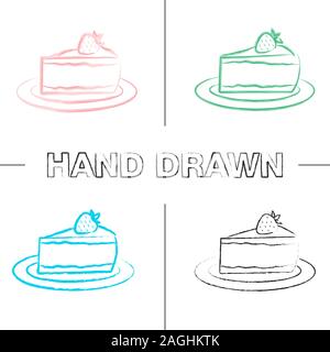 Cheesecake with strawberry hand drawn icons set. Piece of cake. Color brush stroke. Isolated vector sketchy illustrations Stock Vector