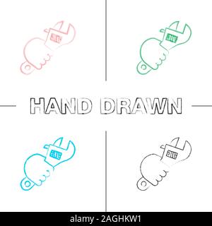 Hand holding wrench hand drawn icons set. Combination spanner. Color brush stroke. Isolated vector sketchy illustrations Stock Vector