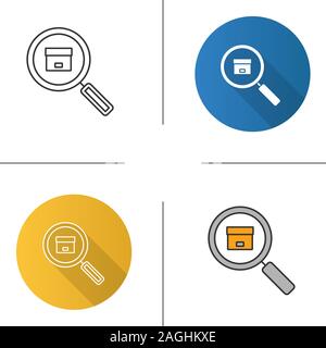 Parcel tracking service icon. Flat design, linear and color styles. Magnifying glass with cardboard package. Isolated vector illustrations Stock Vector
