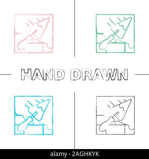 Brick wall with triangular shovel hand drawn icons set. Putty knife, spatula. Cement solution. Color brush stroke. Isolated vector sketchy illustratio Stock Vector