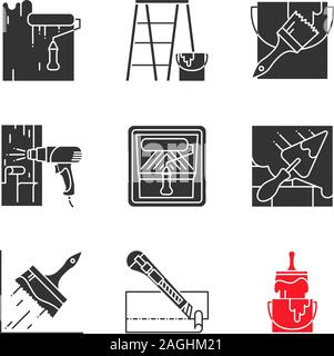 Construction tools glyph icons set. Silhouette symbol. Paint roller, scaffolding ladder, bucket with brush, hot air gun, putty knife, glue brush, stat Stock Vector