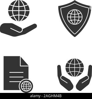 Safe internet connection glyph icons set. Hands holding globe, Earth inside shield, web document. Silhouette symbols. Vector isolated illustration Stock Vector