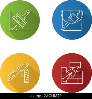 Construction tools flat linear long shadow icons set. Glue brush, paint bucket and brush, angle grinder machine, brick wall with triangular shovel. Ve Stock Vector