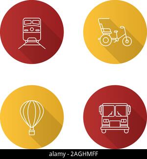 Public transport flat linear long shadow icons set. Modes of transport. Train, cycle rickshaw, hot air balloon, bus. Vector outline illustration Stock Vector