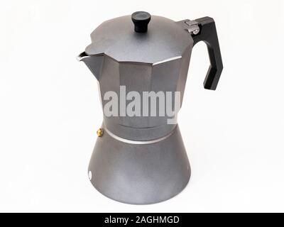 Real grey classic italian coffee pot on white background Stock Photo