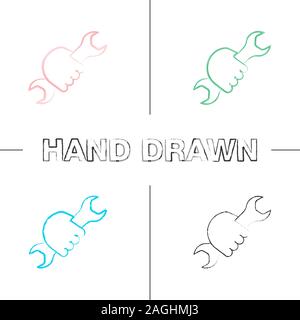 Hand holding wrench hand drawn icons set. Double open ended spanner. Color brush stroke. Isolated vector sketchy illustrations Stock Vector