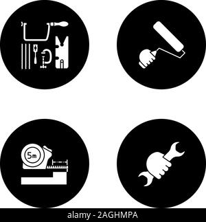 Construction tools glyph icons set. Jeweler saw set, paint roller, meter, wrench in hand. Vector white silhouettes illustrations in black circles Stock Vector