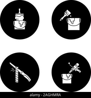 Construction tools glyph icons set. Buckets, glue and paint brushes, pad saw, cordless drill. Vector white silhouettes illustrations in black circles Stock Vector