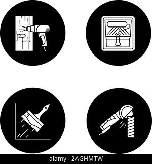Construction tools glyph icons set. Hot air gun, paint roller in tray, big glue brush, angle grinder machine. Vector white silhouettes illustrations i Stock Vector