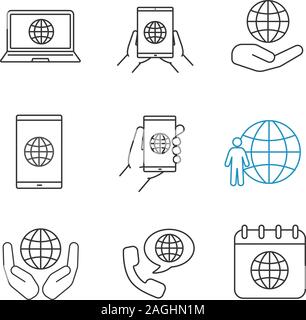 Worldwide linear icons set. Tablet pc internet, smartphone and laptop, planet in hands, Earth population, internet call, global calendar. Thin line co Stock Vector