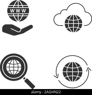 Worldwide glyph icons set. Silhouette symbols. Safe internet connection, cloud storage, global search, globe with round arrow. Vector isolated illustr Stock Vector