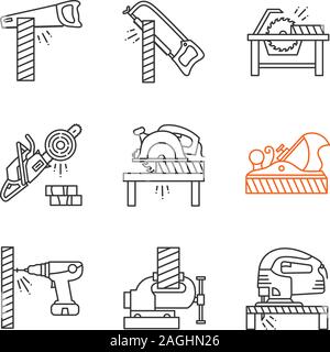 Carpentry linear icons set. Woodworking. Hand saw, hacksaw, circular saws, chainsaw, jack plane, electric screwdriver, bench vice. Thin line contour s Stock Vector