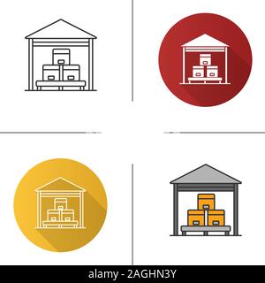 Warehouse icon. Flat design, linear and color styles. Cardboard boxes on pallet. Parcels storage. Isolated vector illustrations Stock Vector