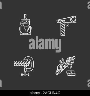 Construction tools chalk icons set. Big glue brush and bucket, hand saw, screw clamp, chainsaw. Isolated vector chalkboard illustrations Stock Vector