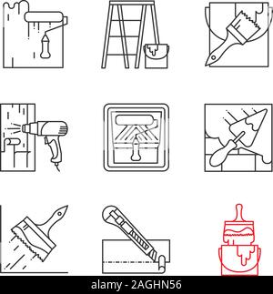Construction tools linear icons set. Paint roller, scaffolding ladder, bucket with brush, hot air gun, putty knife, glue brush, dyeing. Thin line cont Stock Vector
