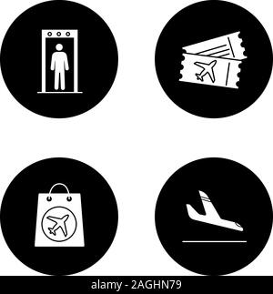Airport service glyph icons set. Portal metal detector, flight tickets, duty free purchase, airplane arrival. Vector white silhouettes illustrations i Stock Vector
