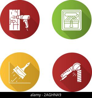 Construction tools flat design long shadow glyph icon. Hot air gun, paint roller in tray, big glue brush, angle grinder machine. Vector silhouette ill Stock Vector
