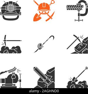 Construction tools glyph icons set. Silhouette symbols. Safety helmet, mining emblem, screw clamp, crowbar in hand, bench vice and wire brush, iron ch Stock Vector