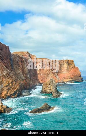 Beautiful volcanic cliffs in Ponta de Sao Lourenco, Madeira Island, Portugal. Rocks by the Atlantic ocean in the easternmost point of the island of Madeira. Portuguese landscape. Tourist destinations. Stock Photo