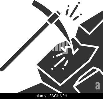 Pickaxe breaking mountain glyph icon. Mining. Navvy pick. Silhouette symbol. Negative space. Vector isolated illustration Stock Vector