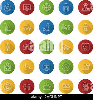 Airport service flat linear long shadow icons set. Passport control, baggage check, tickets, flights management. Vector outline illustration Stock Vector