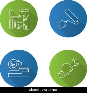 Construction tools flat linear long shadow icons set. Jeweler saw set, paint roller, meter, wrench in hand. Vector outline illustration Stock Vector
