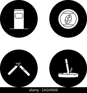 Smoking glyph icons set. Garbage bin, tobacco leaf, stubbed out cigarette in ashtray, broken cig. Vector white silhouettes illustrations in black circ Stock Vector