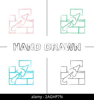 Brick wall with triangular shovel hand drawn icons set. Putty knife, spatula. Cement solution. Color brush stroke. Isolated vector sketchy illustratio Stock Vector