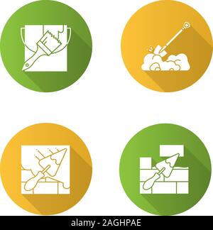 Construction tools flat design long shadow glyph icon. Paint bucket with brush, digging shovel, brick wall with triangular shovel. Vector silhouette i Stock Vector