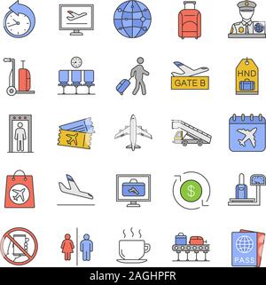 Airport service color icons set. Passport control, baggage check, tickets, flights management. Isolated vector illustrations Stock Vector