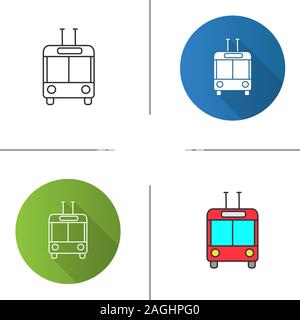 Trolleybus in front view icon. Trolley coach. Trackless trolley. Flat design, linear and color styles. Isolated vector illustrations Stock Vector