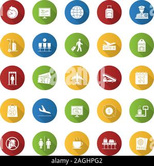 Airport service flat design long shadow glyph icons set. Passport control, baggage check, tickets, flights management. Vector silhouette illustration Stock Vector