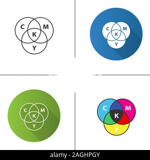 CMYK circle model icon. Flat design, linear and color styles. Cyan, magenta, yellow, key color scheme. Isolated vector illustrations Stock Vector