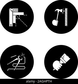 Construction tools glyph icons set. Set square, hammering nail, round nose pliers, paint brush in hand. Vector white silhouettes illustrations in blac Stock Vector