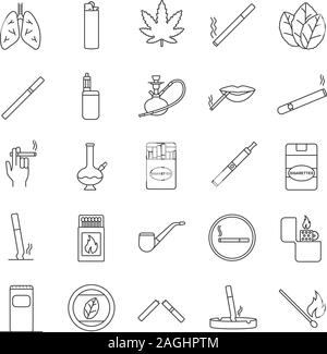 Smoking linear icons set. Cigarettes, smoking devices, cannabis culture. Thin line contour symbols. Isolated vector outline illustrations Stock Vector