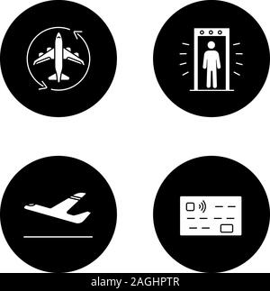 Airport service glyph icons set. Flight transit, portal metal detector, airplane departure, credit card. Vector white silhouettes illustrations in bla Stock Vector