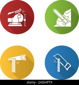 Construction tools flat design long shadow glyph icon. Bench vice and wire brush, iron chisel, hand saw and hacksaw cutting wooden board. Vector silho Stock Vector