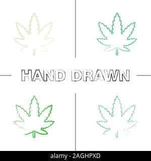 Marijuana leaf hand drawn icons set. Cannabis, ganja. Color brush stroke. Isolated vector sketchy illustrations Stock Vector