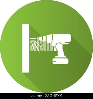 Portable electric screwdriver flat linear long shadow icon. Vector outline symbol Stock Vector
