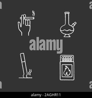 Smoking chalk icons set. Smoker's hand, bong, stubbed out cigarette, matchbox with matchsticks. Isolated vector chalkboard illustrations Stock Vector