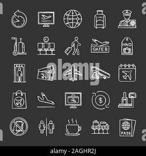 Airport service chalk icons set. Passport control, baggage check, tickets, flights management. Isolated vector chalkboard illustrations Stock Vector