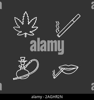 Smoking chalk icons set. Marijuana leaf, burning cigarette, hookah, smoker's mouth. Isolated vector chalkboard illustrations Stock Vector