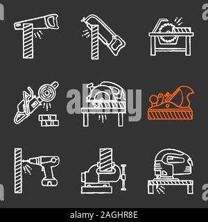 Carpentry chalk icons set. Woodworking. Hand saw, hacksaw, circular saws, chainsaw, jack plane, electric screwdriver, bench vice, jigsaw. Isolated vec Stock Vector