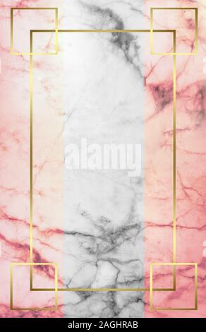 pink colored marble textured background with black and white stripe zone and gold line frame Stock Photo