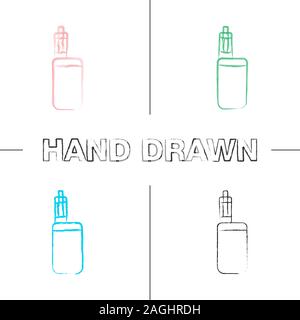 E-cigarette hand drawn icons set. Vaporizer. Vape box mod. Color brush stroke. Isolated vector sketchy illustrations Stock Vector