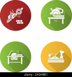 Construction tools flat design long shadow glyph icon. Woodworking. Chainsaw, circular saws, jack plane. Vector silhouette illustration Stock Vector