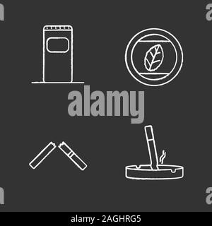 Smoking chalk icons set. Garbage bin, tobacco leaf, stubbed out cigarette in ashtray, broken cig. Isolated vector chalkboard illustrations Stock Vector