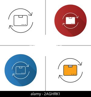 Parcel return service icon. Repackaging. Cardboard box with circle arrow. Flat design, linear and color styles. Isolated vector illustrations Stock Vector