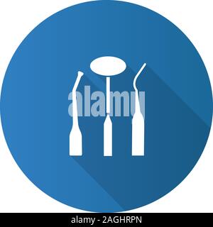 Dental instruments flat design long shadow glyph icon. Mouth mirror, dental probe and dentist's excavator. Vector silhouette illustration Stock Vector