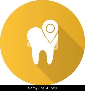 Dental clinic location flat design long shadow glyph icon. Tooth with map pinpoint. Vector silhouette illustration Stock Vector